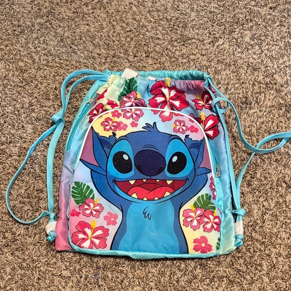 Disney Stitch Sparkly Floral Kids Drawstring Bag
